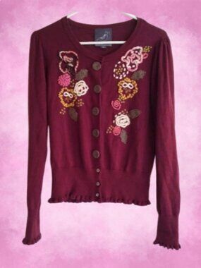 Knitted Dove Maroon Embroidered Cardigan Sweater M Cottagecore Retro Whimsical